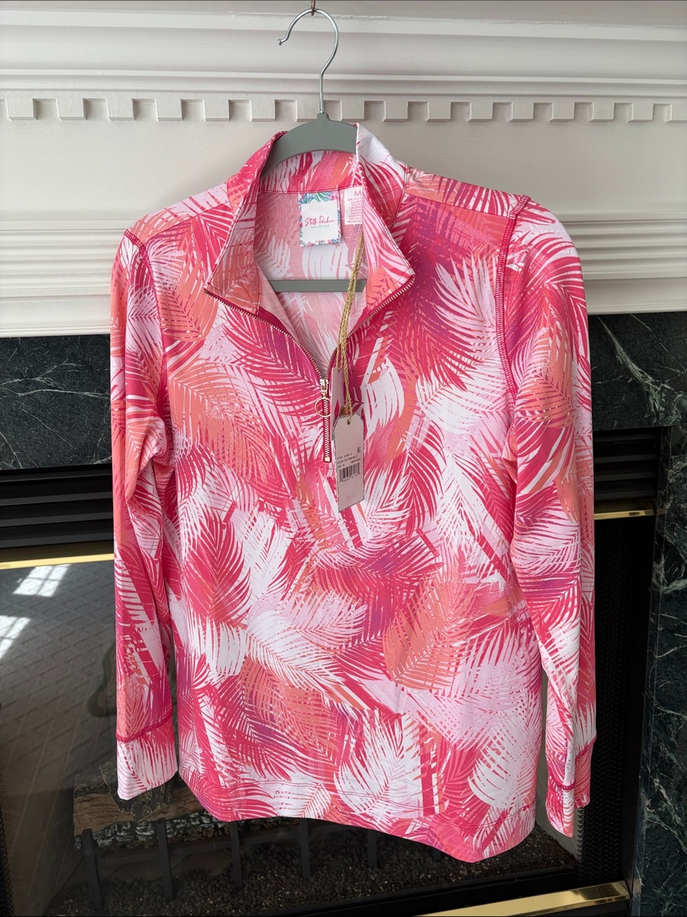 Stella Parker Pink Palm-Print Zip-Neck Pullover With UPF 30+ Sun Protection
